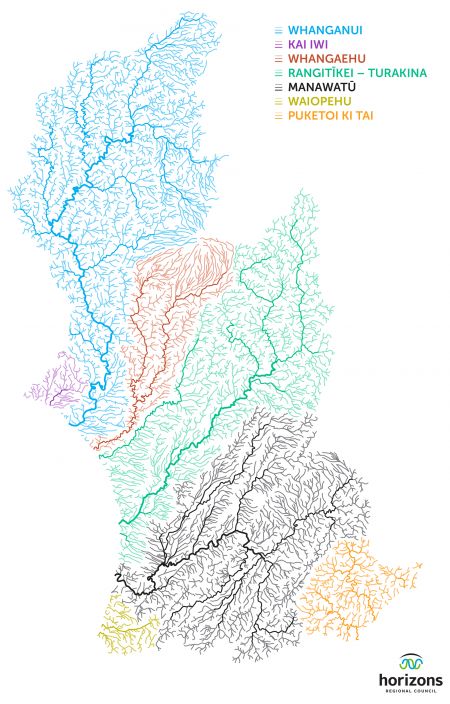 Map showing Freshwater Management Units and waterways in the Horizons region